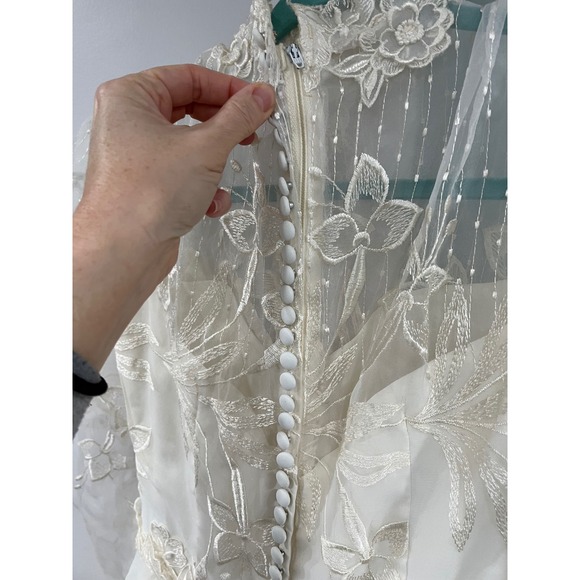 Vintage 80s Victorian Revival Wedding Dress Ivory High Neck Sheer Lace Illusion - Picture 13 of 16